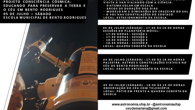 CARTAZ EVENTO CONSCIÊNCIA CÓSMICA EM BENTO RODRIGUES - 05 DE JULHO A PARTIR DAS 17 HORAS